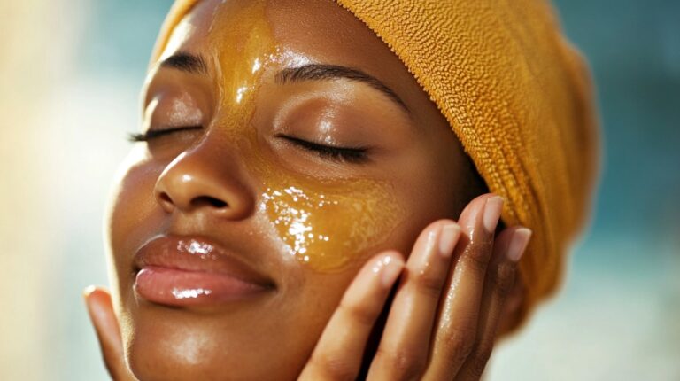 Woman with glowing skin and golden tanning oil on her face