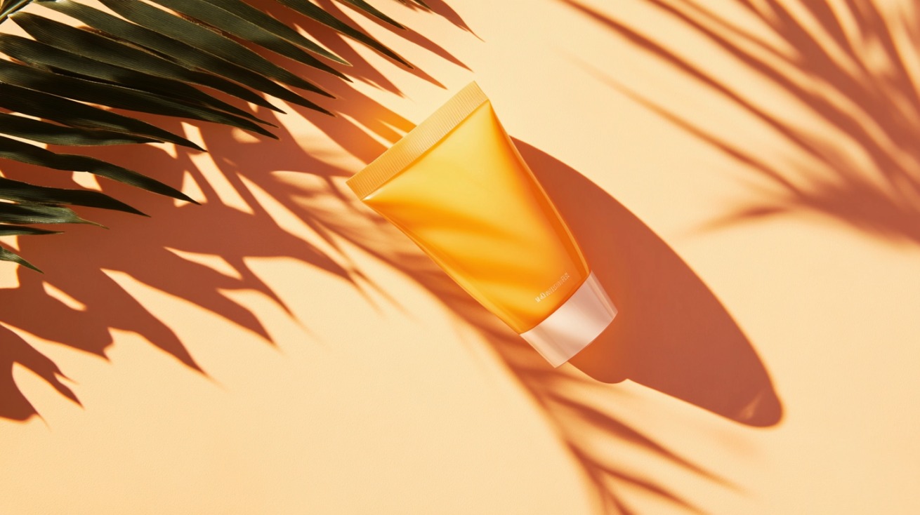 Tube of sunscreen lying in sunlight with palm leaf shadows
