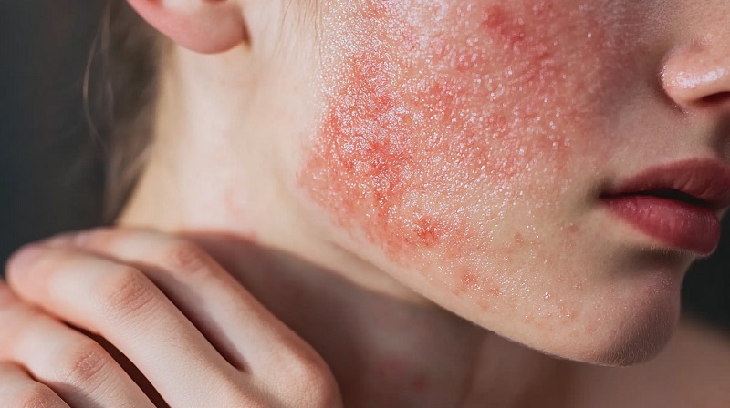 Red and inflamed skin caused by a reaction to skincare products
