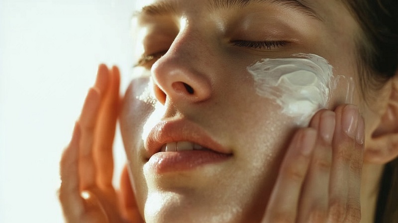 Woman applying cream to her face during skincare routine