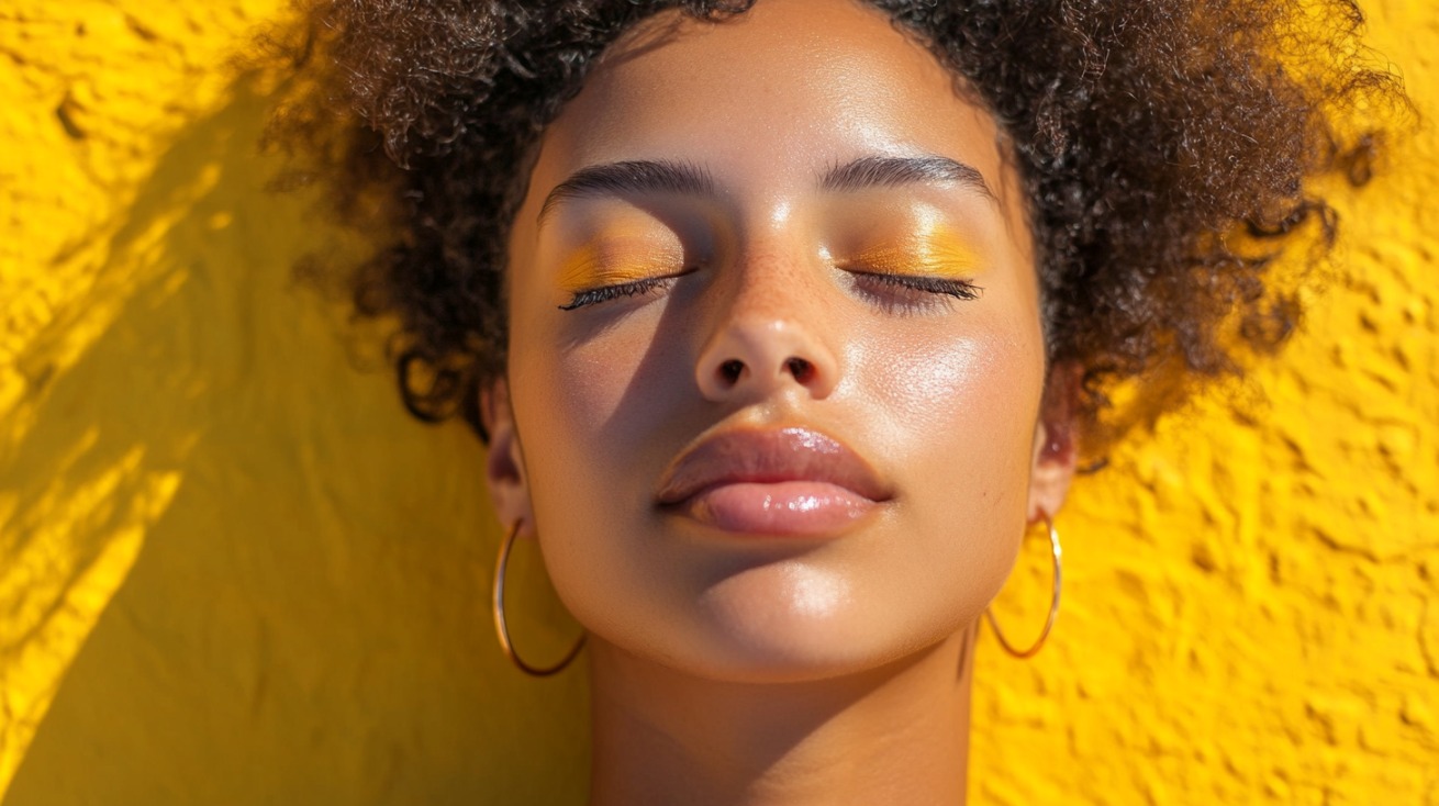 Close-up of a woman with glowing skin and yellow eyeshadow, eyes closed while enjoying sunlight against a vibrant yellow wall