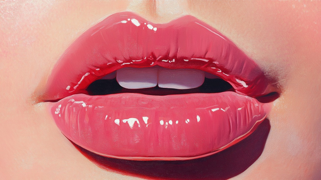 Close-up of glossy, healthy pink lips with a slightly open mouth, in a soft, stylized texture