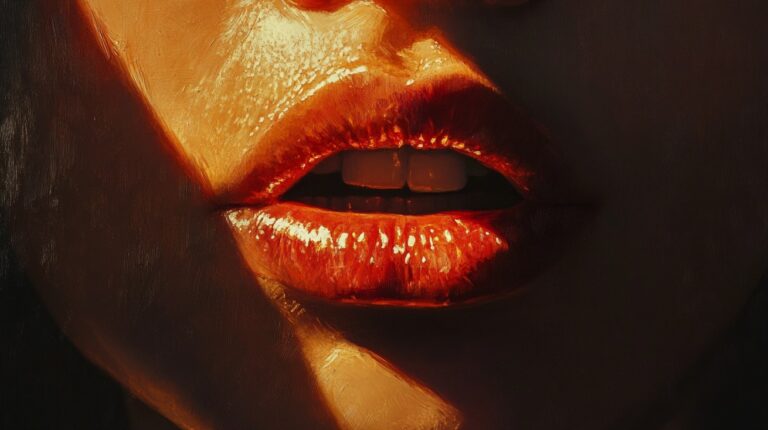 Close-up of sunburned, glossy lips with warm lighting and artistic texture