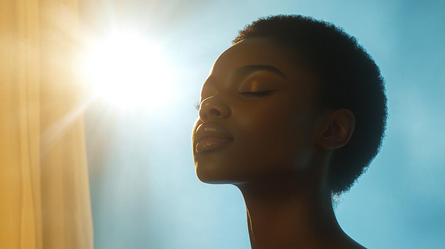 Woman basking in sunlight with radiant, smooth skin