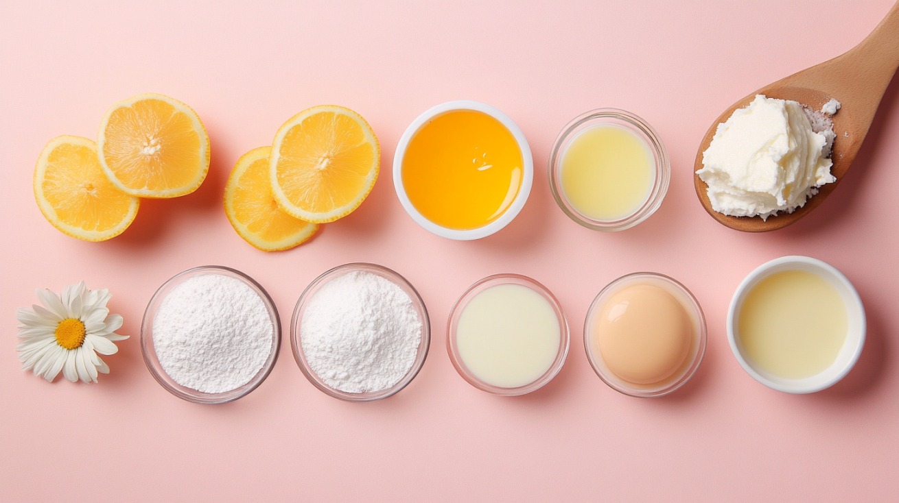 Flat lay of various skincare or cosmetic ingredients including lemon, powders, oils, and creams on a pink background