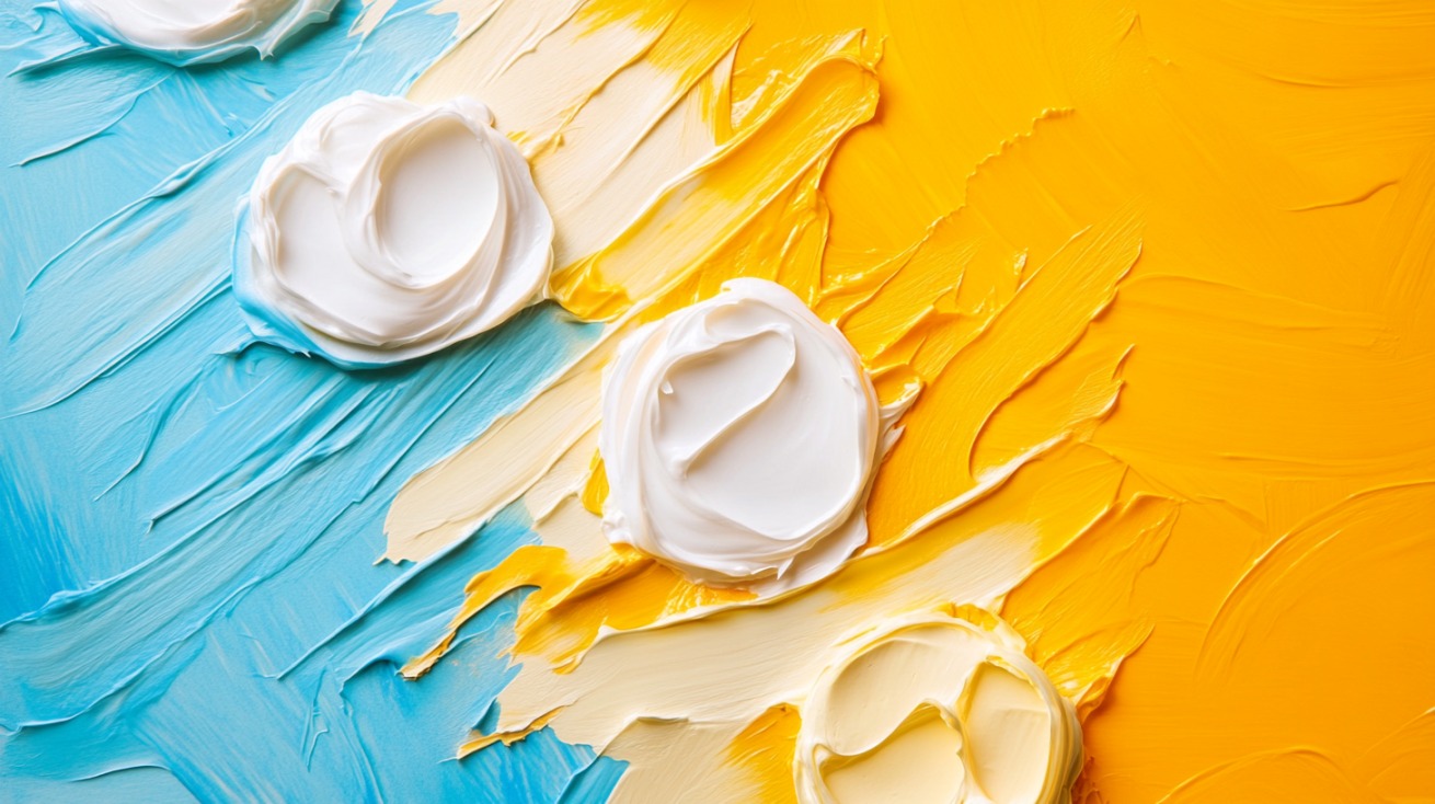 Colorful swirls of white sunscreen cream on a painted background of blue, yellow, and orange, representing environmental awareness in skincare products