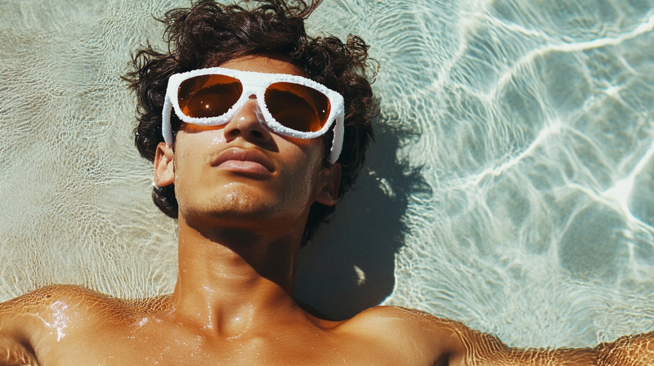 Man sunbathing in water with sunglasses and glowing skin