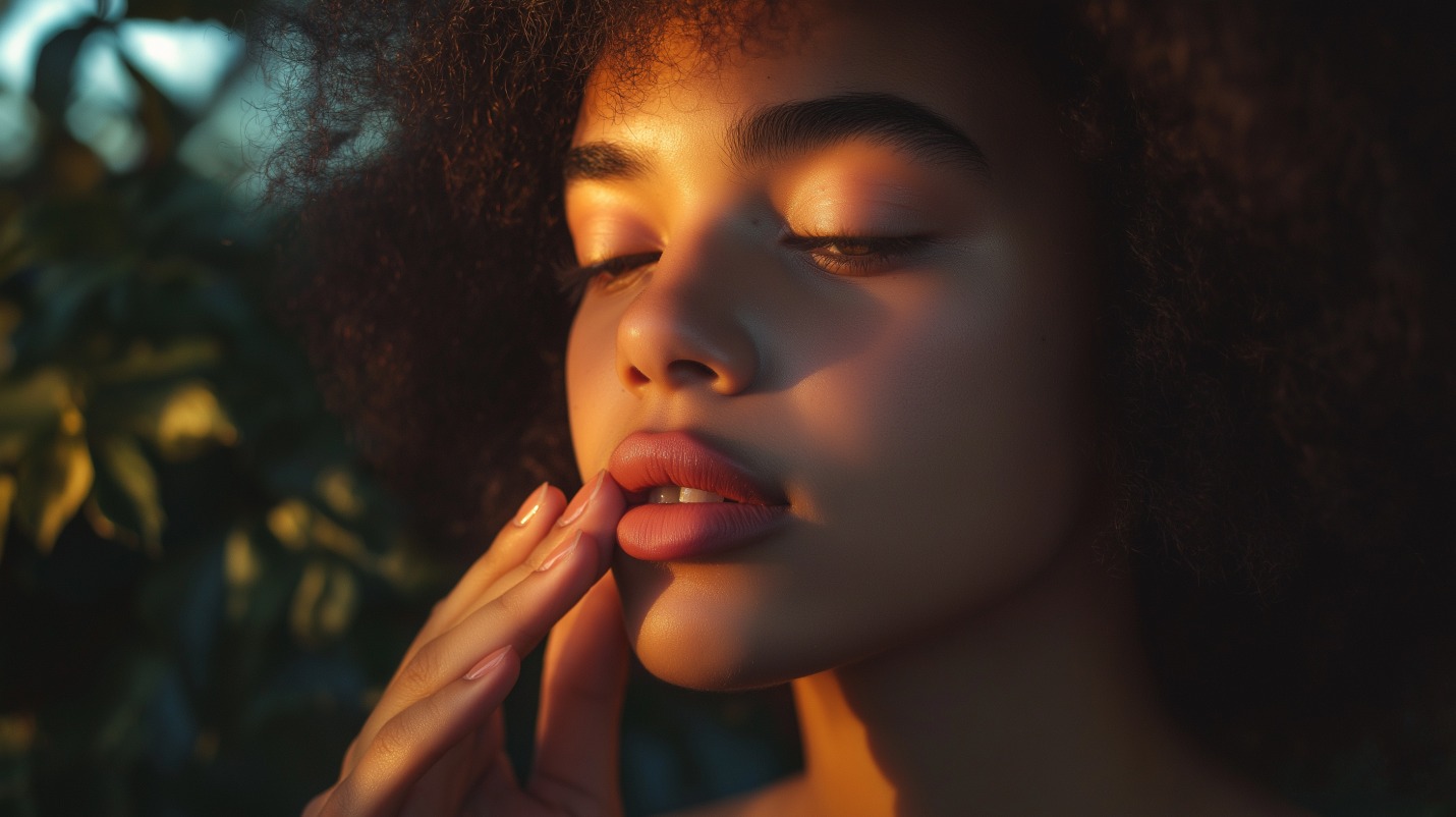 Close-up of a person gently touching their lips, bathed in warm, natural sunlight with a soft-focus background