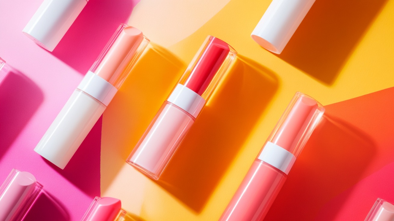 Colorful lip balm tubes with white caps arranged on a vibrant pink, orange, and yellow background