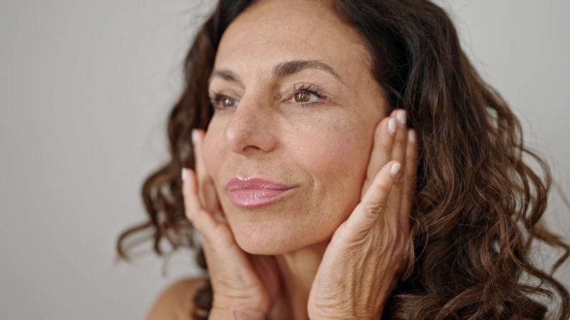 A woman gently touching her face, reflecting on the effects of skin aging