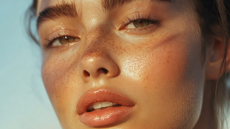 Close-up of a person with glowing, sun-kissed skin and freckles, highlighting a radiant and healthy complexion.