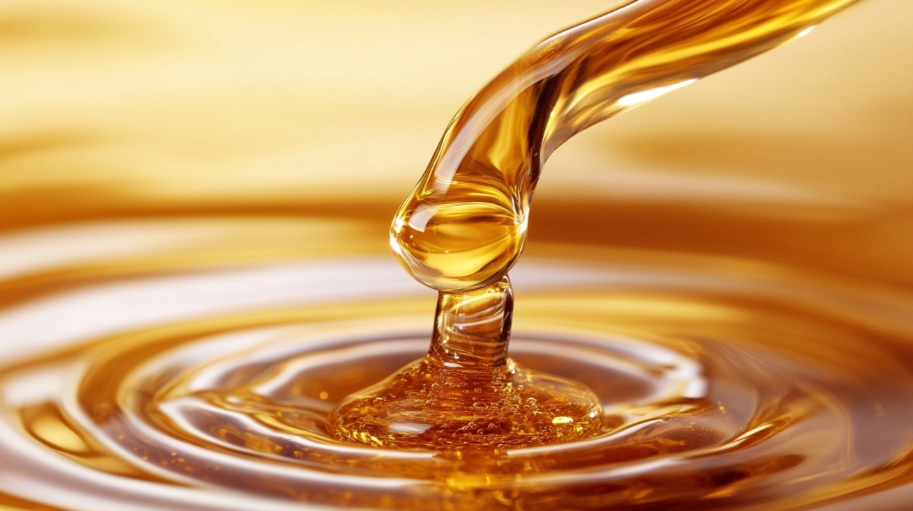 Close-up of golden tanning oil dripping into a smooth, reflective pool, creating ripples