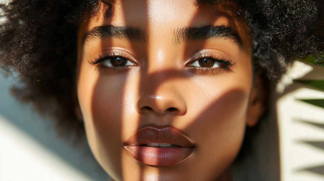 Close-up of glowing skin in sunlight and shadows