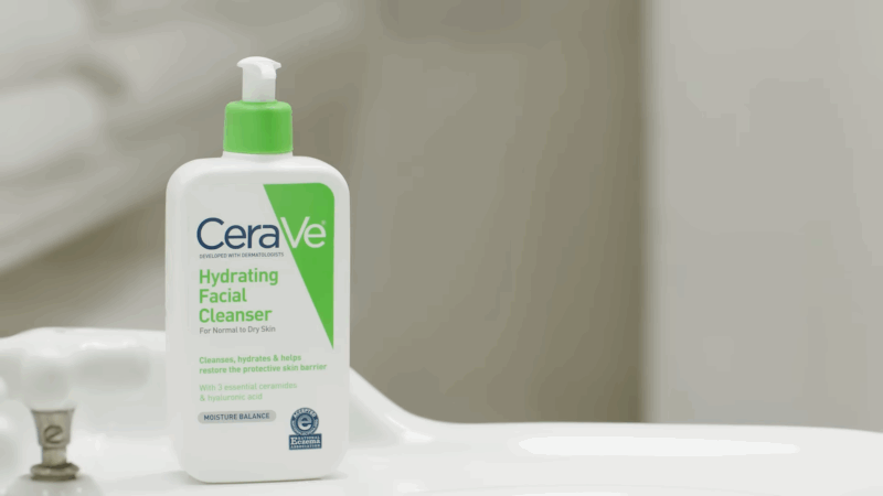 CeraVe Hydrating Facial Cleanser bottle on a bathroom countertop