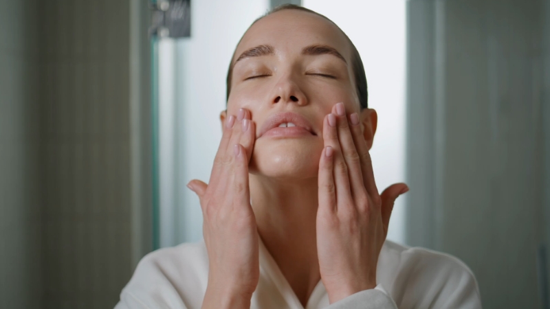 A person applying skincare to their face, gently massaging it in
