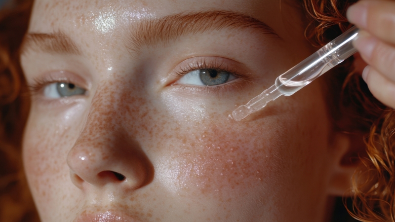 Close-up of a woman applying primer under her eye, showing hydrated, glowing skin without foundation