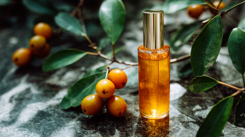 A bottle of marula oil sits beside fresh marula fruits and leaves, showing its use for nourishing and protecting mature skin