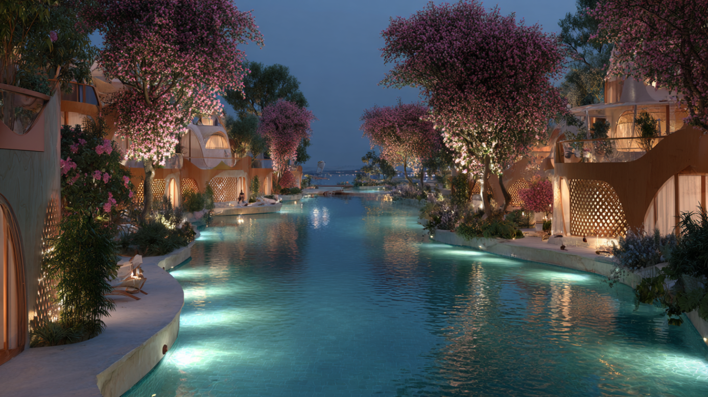 Luxury spa resorts with lit pools, modern villas, and blooming trees at night