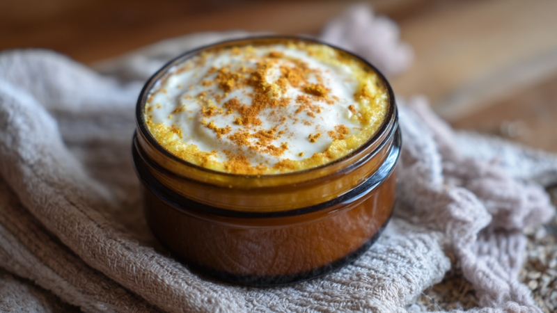 A jar of turmeric and yogurt scrub topped with a sprinkle of turmeric powder on a soft beige cloth
