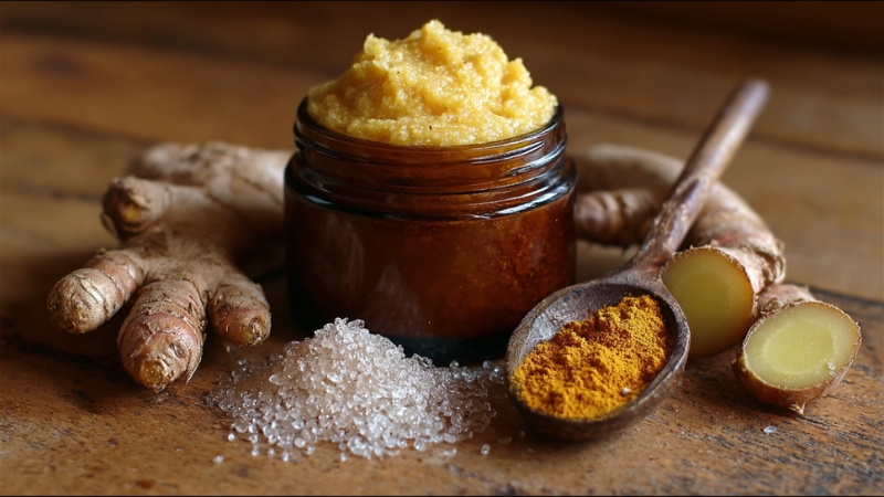 A jar of classic turmeric sugar scrub with fresh ginger, coarse sugar, and turmeric powder on a wooden table