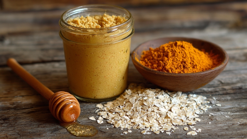 A jar of turmeric and oatmeal scrub with a bowl of turmeric powder, rolled oats, and a honey dipper on a rustic wooden surface