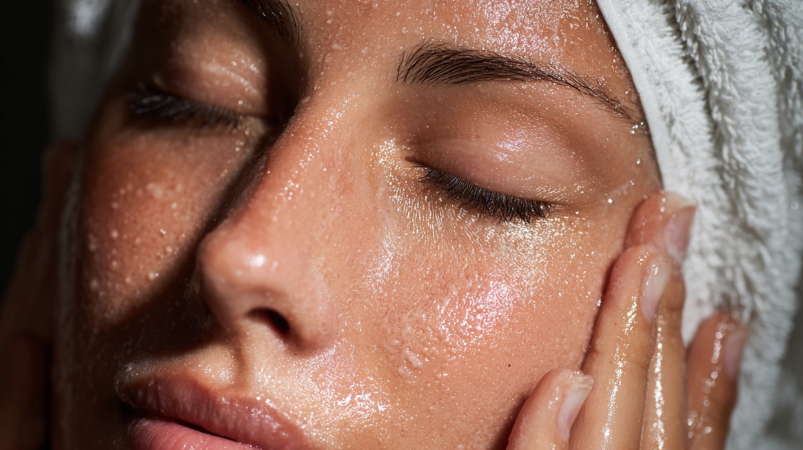Close-up of a person with wet, glowing skin and a towel wrapped around their head, gently touching their face after cleansing