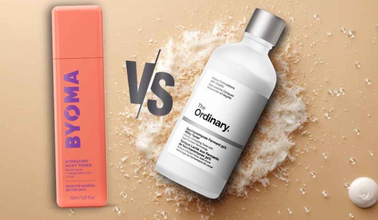 Comparison image of Byoma Hydrating Milky Toner and The Ordinary Milky Toner side by side with 'VS' in the center