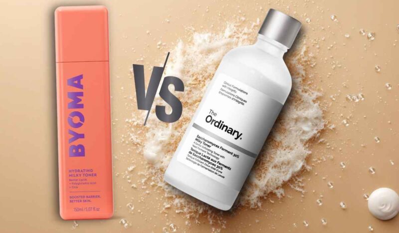 Comparison image of Byoma Hydrating Milky Toner and The Ordinary Milky Toner side by side with 'VS' in the center
