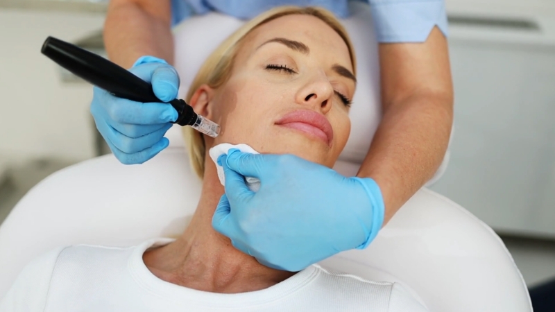 A woman receives a professional microneedling treatment on her face with a dermapen device