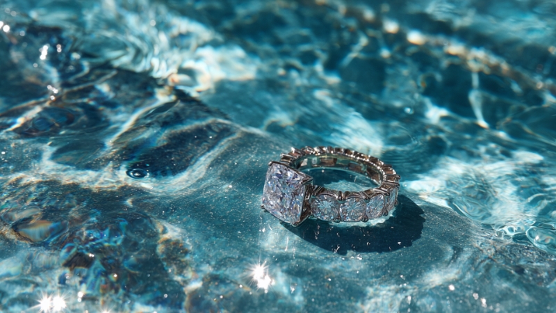 Diamond ring resting in pool water, raising the question of whether you should swim with gemstones