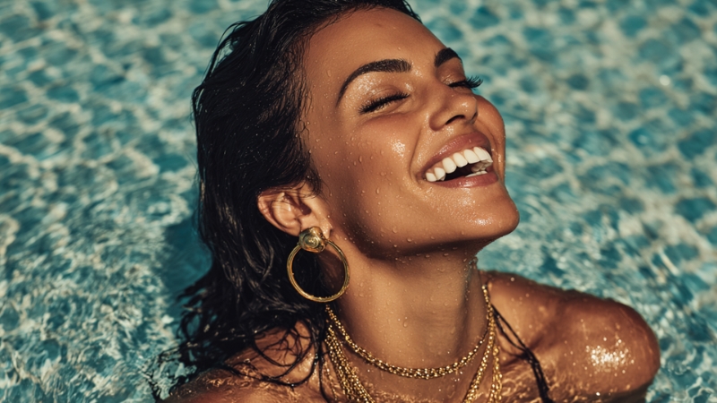 Woman in a pool wearing gold earrings and necklaces, showing why you should not swim with jewelry