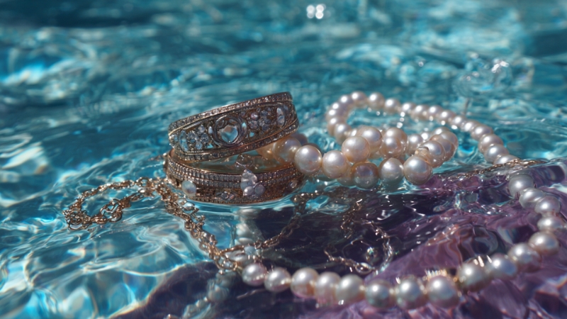 Gold rings and pearl necklaces submerged in pool water