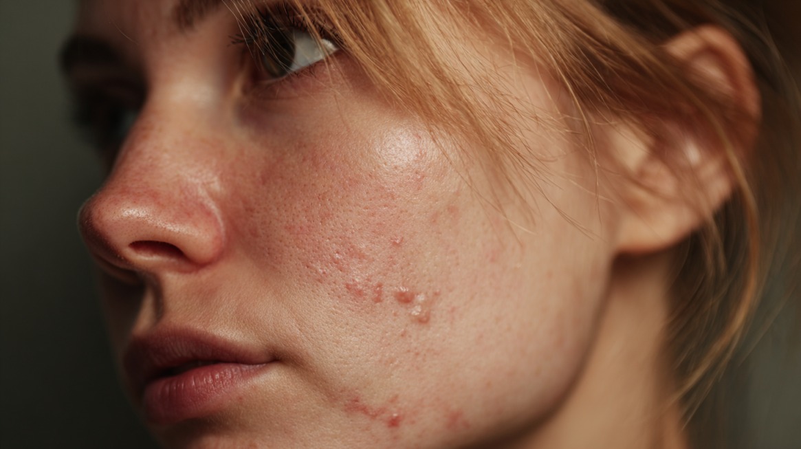 Close-up of face with acne-prone skin showing redness and breakouts on the cheeks