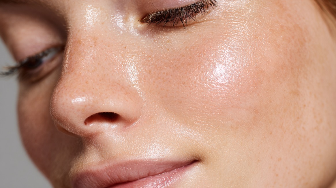 Close-up of a face with oily skin and natural shine on the cheeks and nose