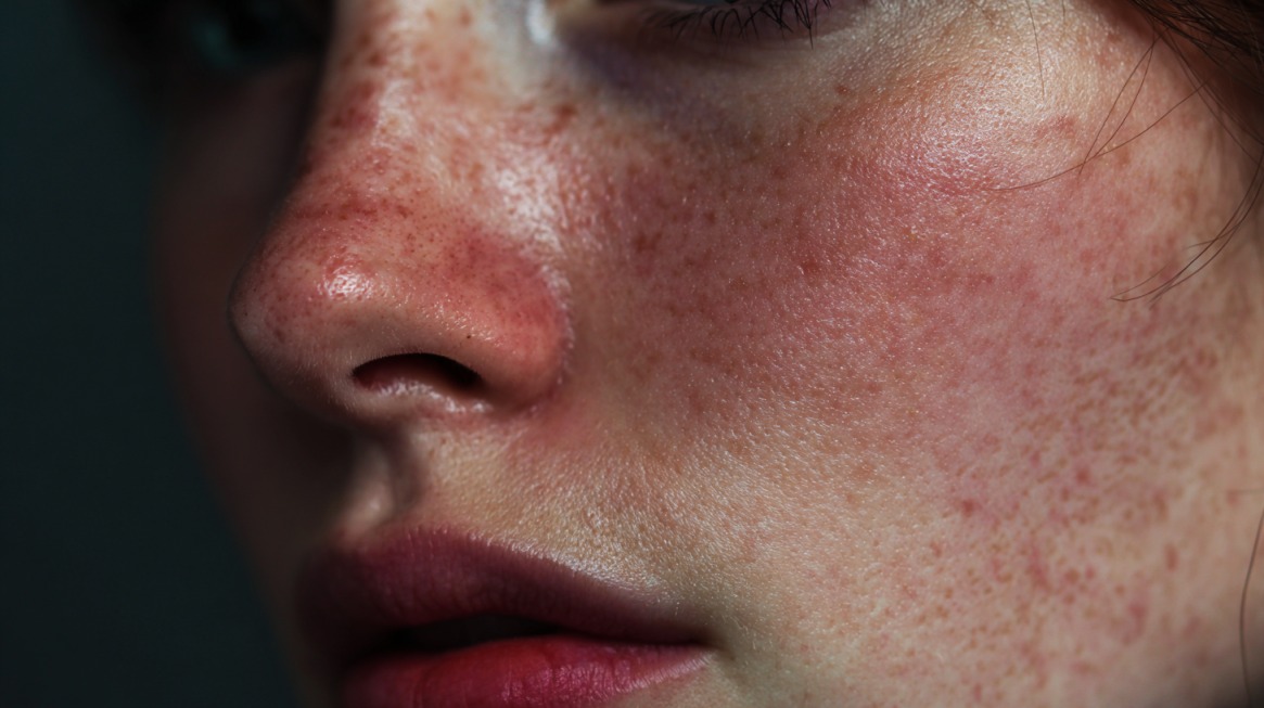Close-up of face with sensitive skin showing redness and irritation around the nose and cheeks