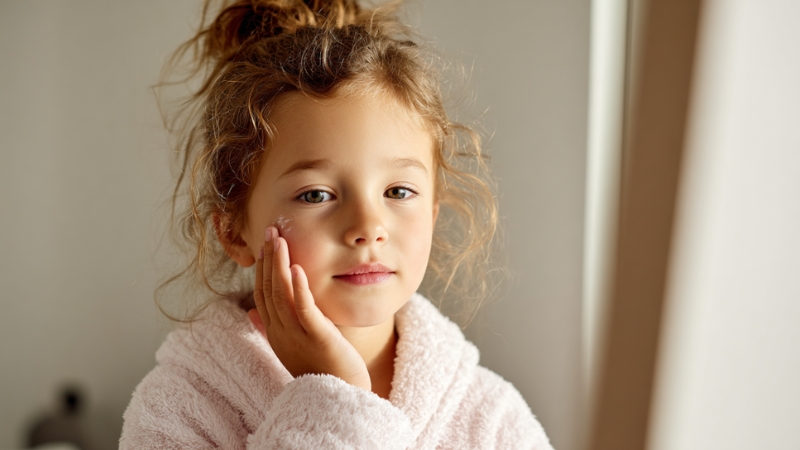 A young girl applies face cream, representing child-friendly skincare brands focused on gentle skin care