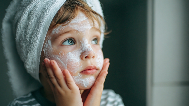 A young child with face cream and a towel on their head shows gentle, barrier-supporting skincare for kids