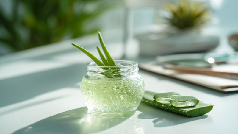 A clear glass jar filled with aloe vera gel and fresh aloe leaves placed on a bright white surface