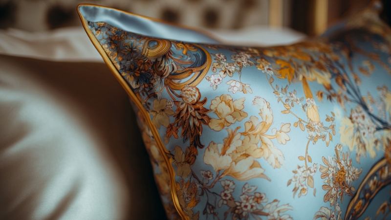 A decorative silk pillowcase with a floral pattern on a neatly made bed