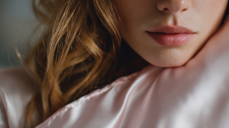 A woman resting on a soft pink silk pillowcase, showing its gentle effect on acne-prone skin