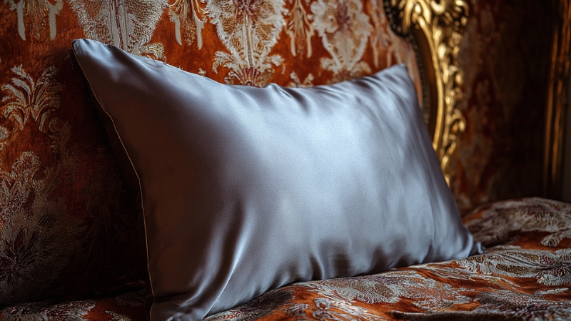 A smooth gray silk pillowcase on an ornate bed with patterned fabric