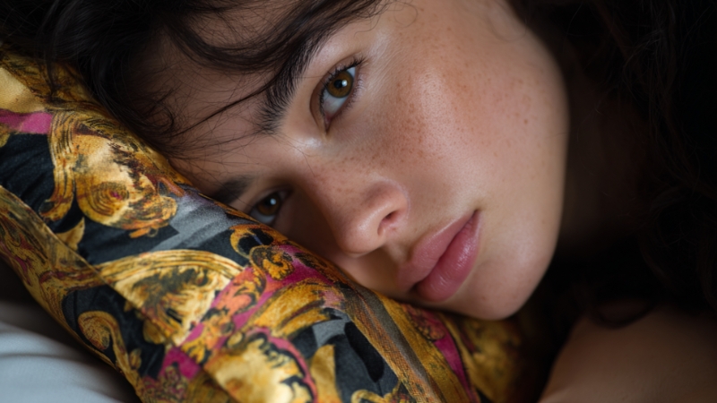 A woman with clear skin rests her face on a patterned silk pillowcase