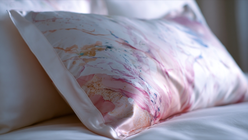 A soft silk pillowcase with a light pattern on a neatly made bed