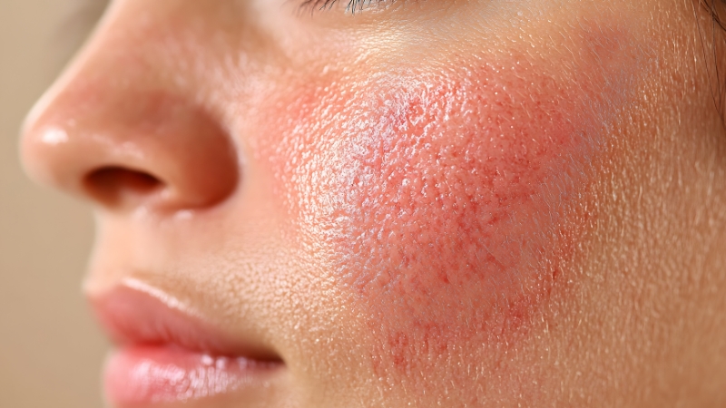 Close-up of red, irritated facial skin showing a common post-facial reaction