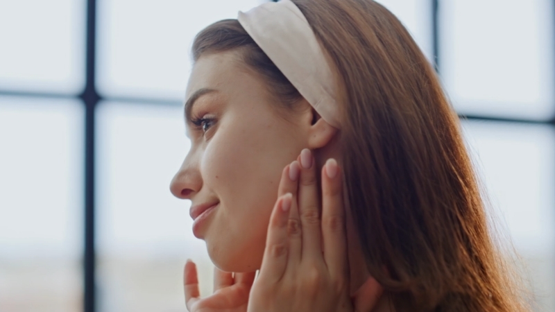 A woman gently touches her face near a window, representing daily use of topical skin care products