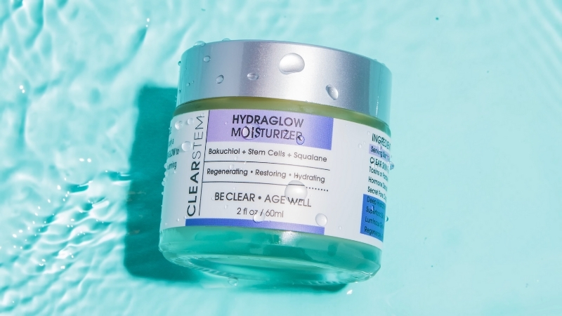CLEARSTEM HYDRAGLOW Plant Stem Cell Moisturizer jar shown against a light blue background with visible water droplets